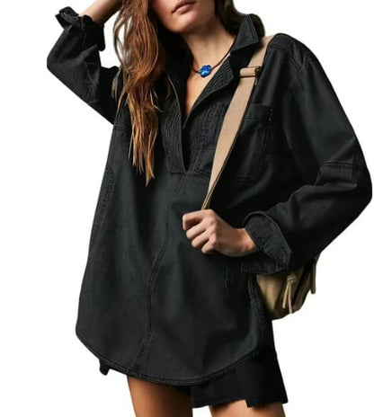 👖 Chic & Comfy Denim Pullover – Button V-Neck + Pockets for Everyday Style! 💙✨